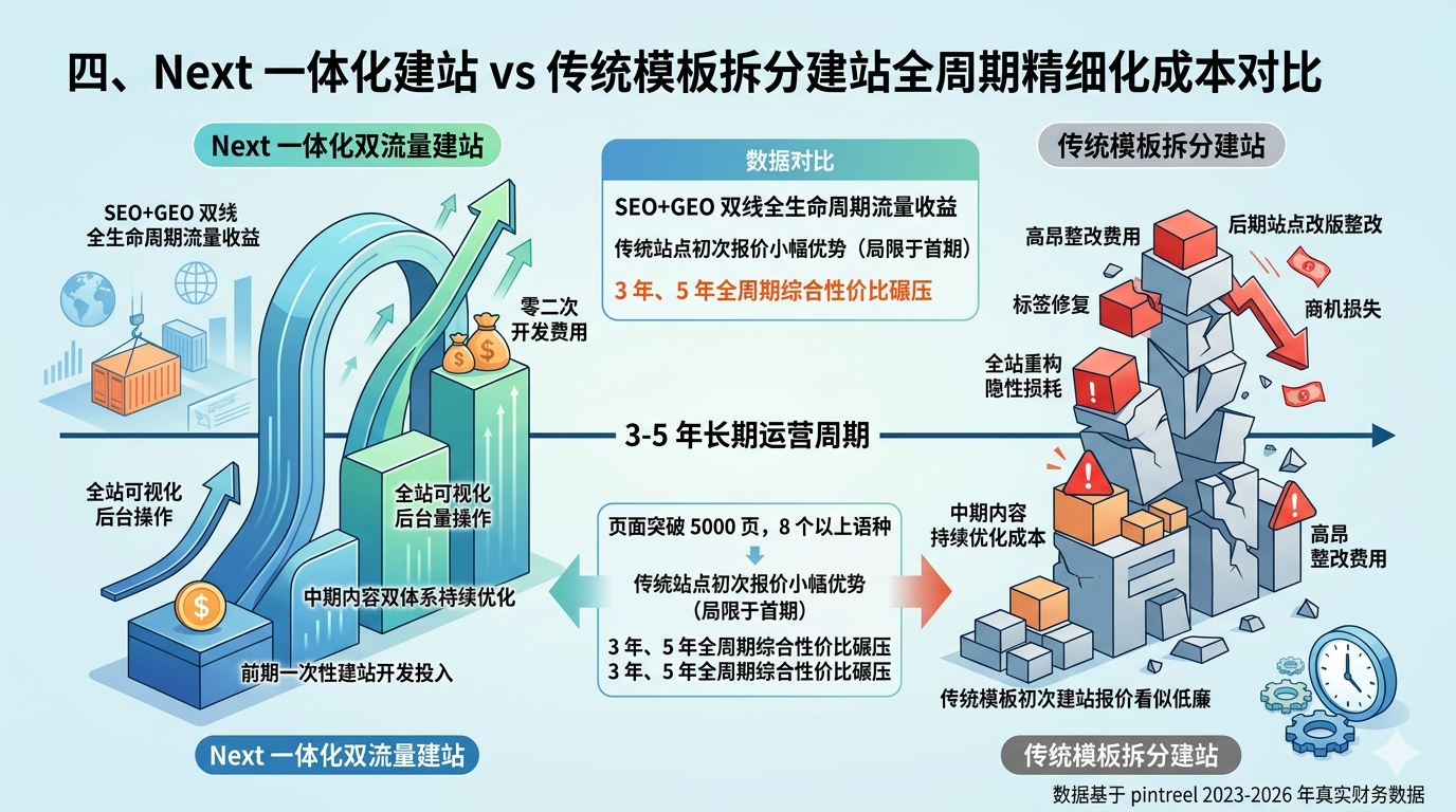 四、Next 一体化建站 vs 传统模板拆分建站全周期精细化成本对比