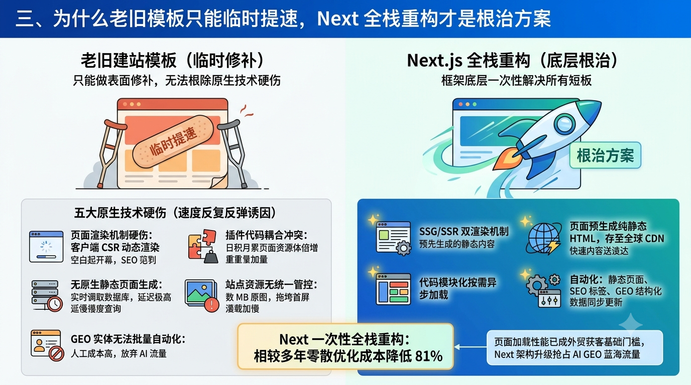 三、为什么老旧模板只能临时提速,Next 全栈重构才是根治方案