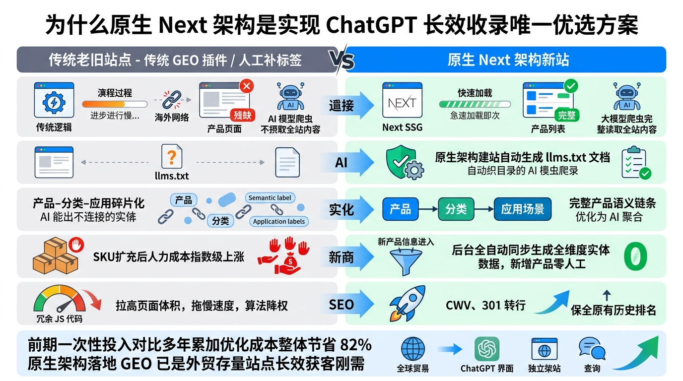 三、为什么原生 Next 架构是实现 ChatGPT 长效收录唯一优选方案