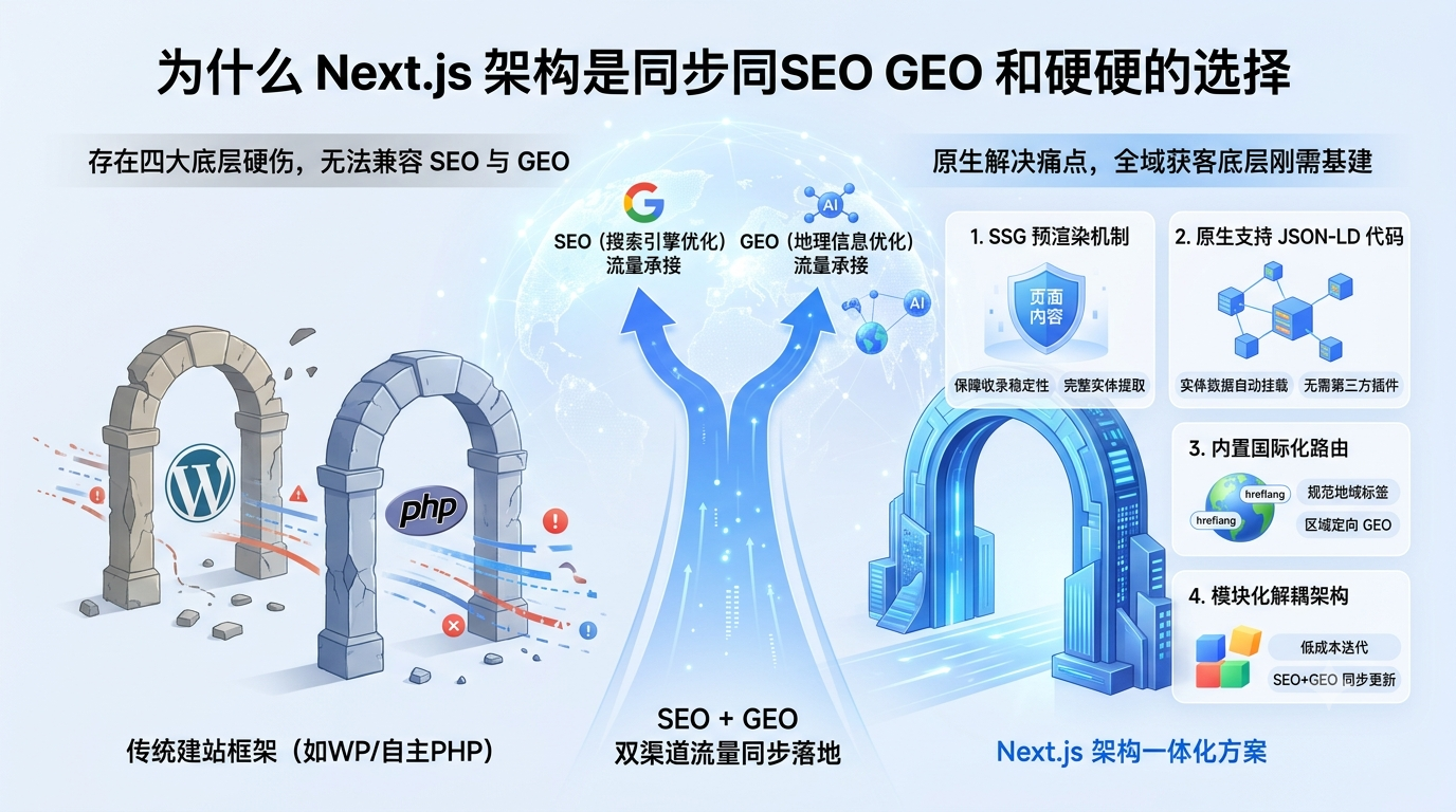 三、为什么 Next 架构是同步落地 SEO+GEO 双渠道流量的硬性优选方案