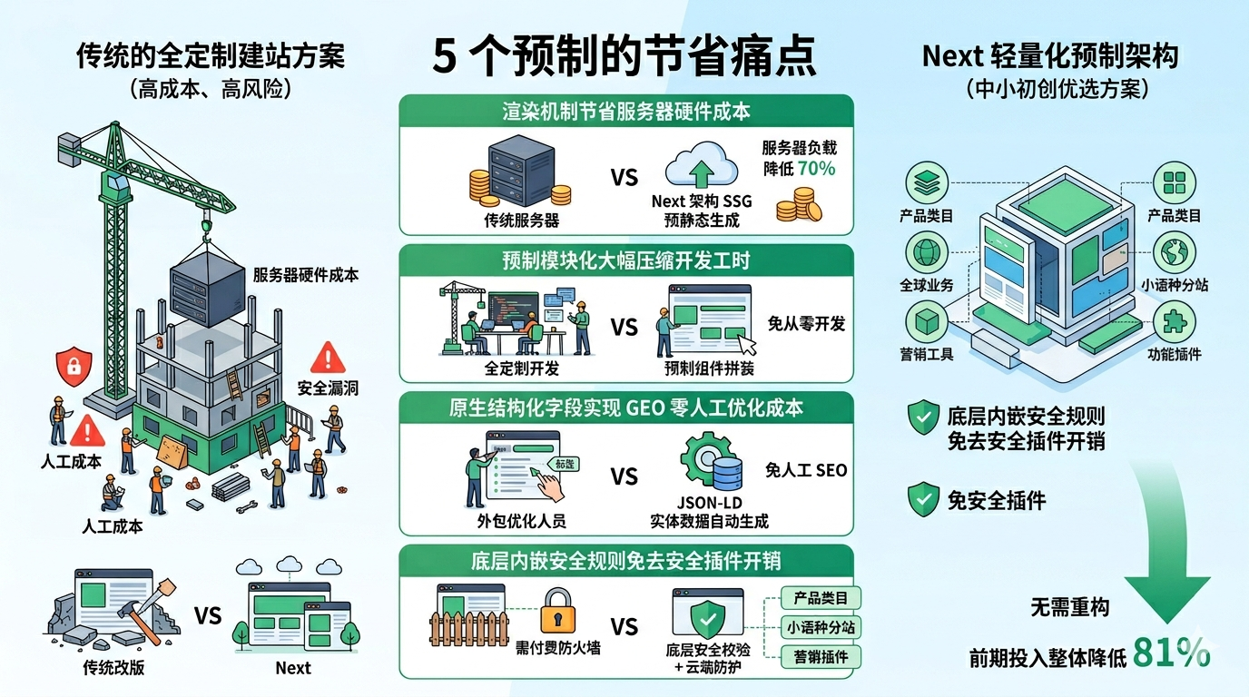 三、为什么 Next 轻量化架构是中小初创建站低成本唯一优选方案