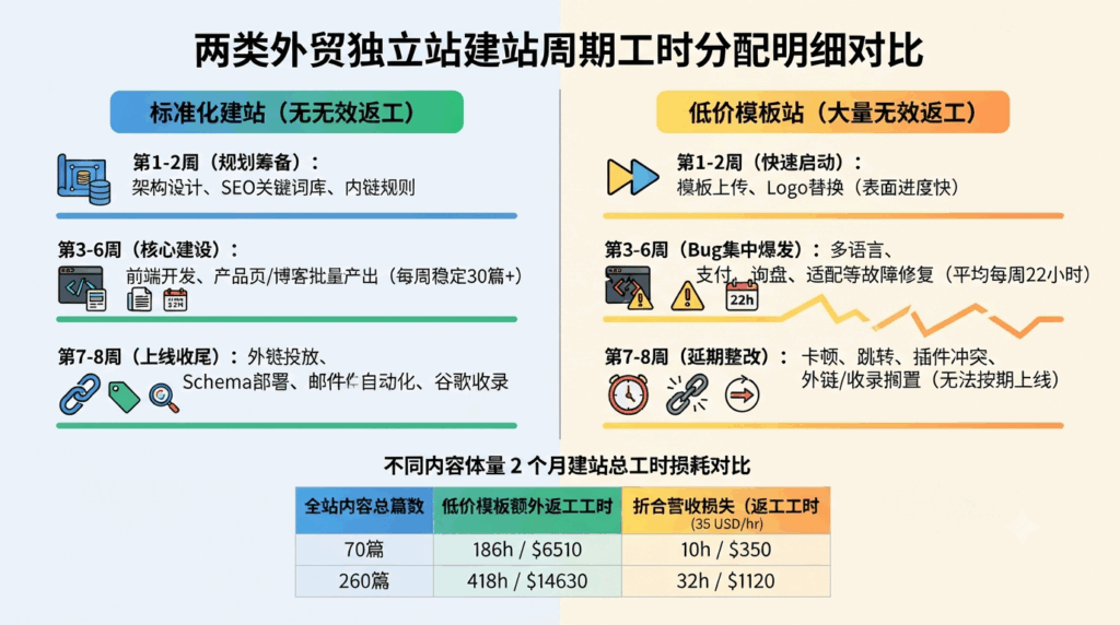 三、2 个月标准建站周期：两类方案工时分配明细对比