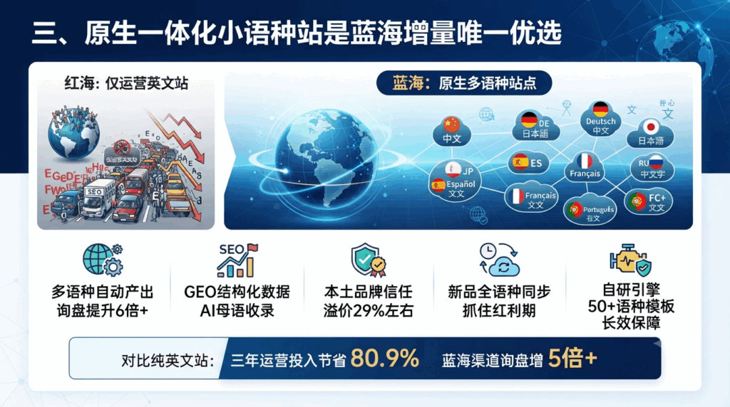 三、原生一体化小语种站是蓝海增量唯一优选