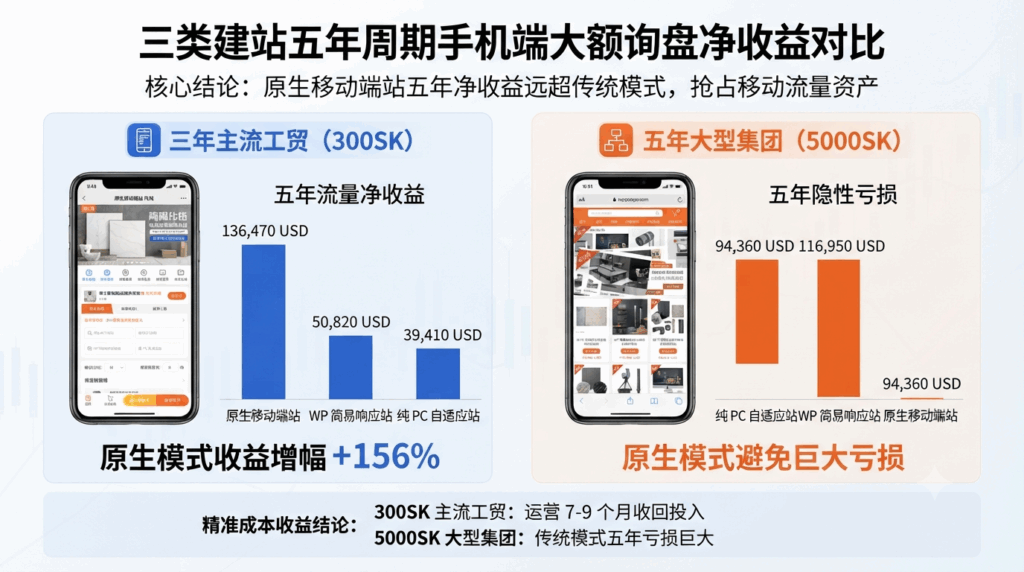 四、三类建站五年周期手机端大额询盘净收益对比