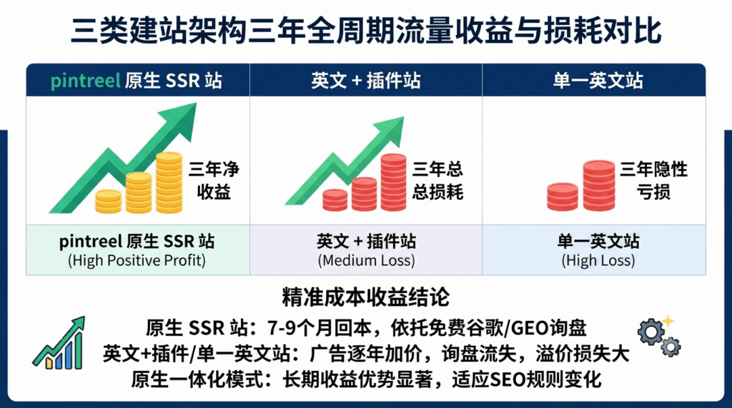 四、三类建站架构三年全周期流量收益与损耗对比