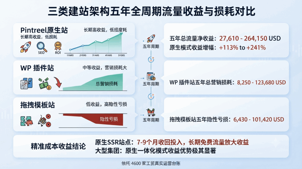 四、三类建站架构五年全周期流量收益与损耗对比
