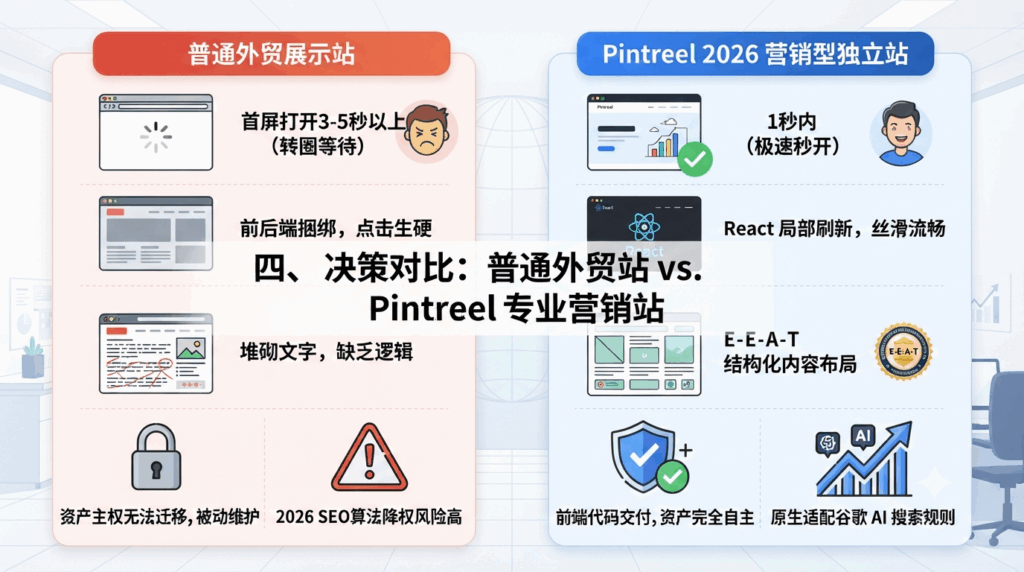 四、 决策对比:普通外贸站 vs. Pintreel 专业营销站