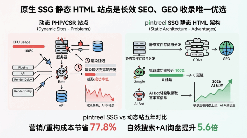 三、原生 SSG 静态 HTML 站点是长效 SEO、GEO 收录唯一优选