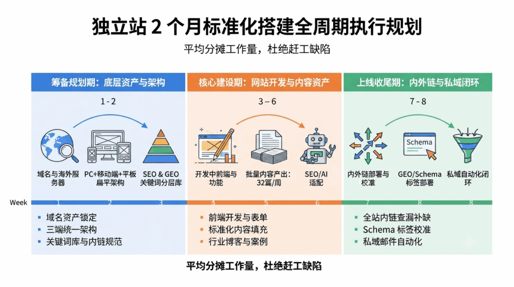 三、2 个月标准化独立站搭建全周期落地执行方案